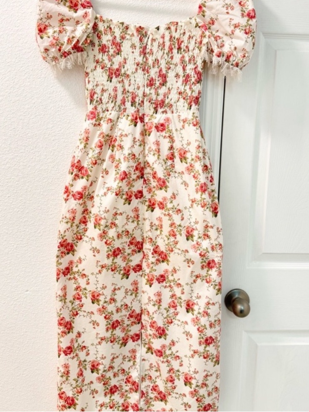 House of CB Smocked Square Neck Floral Midi Dress - White/Pink - Picture 3 of 3